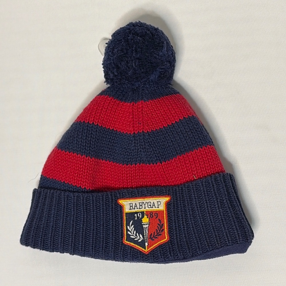 Baby Gap Infant Beanie Hat Navy Blue Red Striped Pom Pom Crest 1989 Fleece Lined